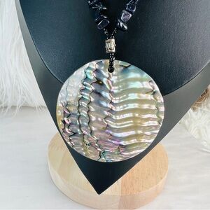 Vintage large, abalone, shell pendant, island chic necklace
